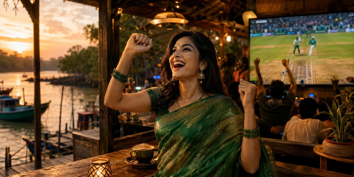 খুলনায় শাড়ি পরা মডেলের সাথে ক্রিকেট বেটিং প্ল্যাটফর্ম ব্যবহারের চিত্র