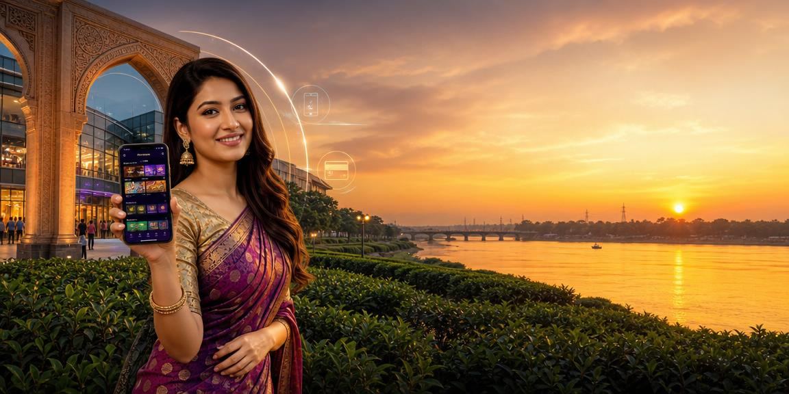 রাজশাহীর চা বাগানের পটভূমিতে স্মার্টফোনে ক্যাসিনো অ্যাপ ব্যবহার